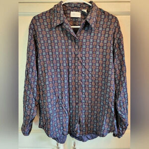 Lands End Navy Orange Geometric Print Button Up Long Sleeve Shirt